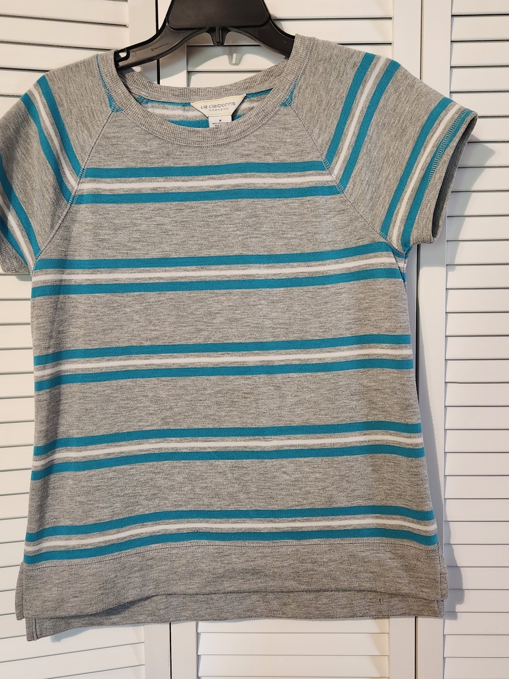 Liz Claiborne Gray & Teal Striped Short Sleeve Tee